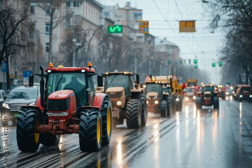 Farmers on tractors go to protest. Background with selective focus and copy space