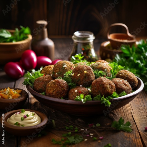 Photo of a Delicious Plate of Falafels on a Wooden Table