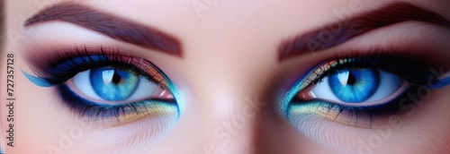 Eye makeup closeup. Very beautiful eyes. To advertise cosmetics for eyes. Beautiful female eyes with long lashes. beautiful make-up and eyebrows. Beautiful blue eyes. Makeup and Cosmetology concept