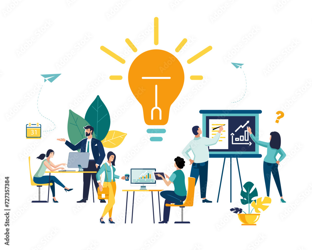 Search for new solution ideas, joint work in the company, brainstorming. Infographics.Online assistant at work, promotion in the network, manager for remote work.Vector illustration of flat characters Search for new solution ideas, joint work in the company, brainstorming. Infographics.Online assistant at work, promotion in the network, manager for remote work.Vector illustration of flat characters