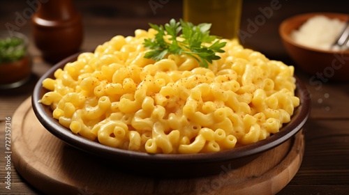 Side View of Delicious Plate of Macaroni and Cheese on a Wooden Table