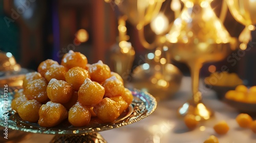 Close-up of traditional oriental sweets on a silver tray.