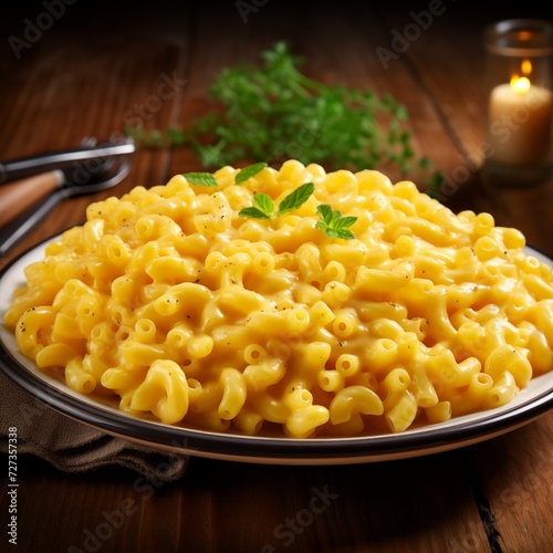 Photo of Delicious Plate of Macaroni and Cheese on a Wooden Table