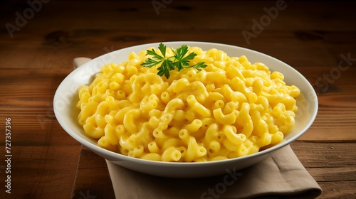 Delicious Plate of Macaroni and Cheese on a Wooden Table
