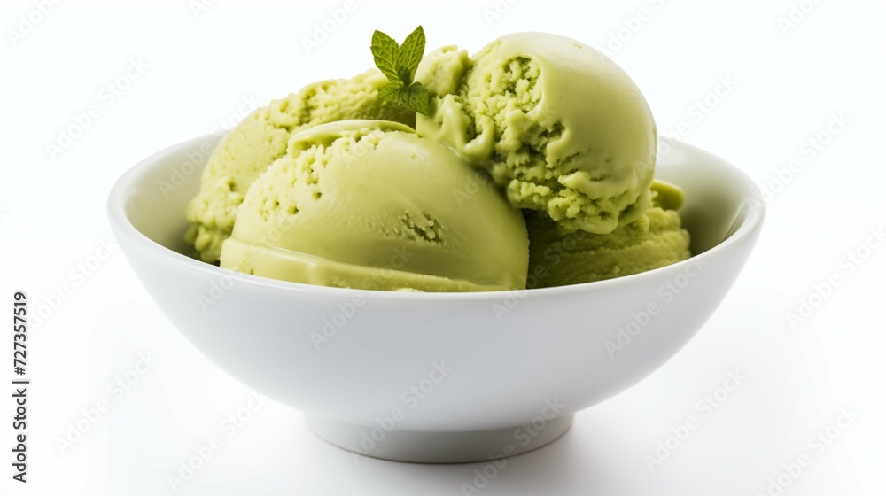 Close-up of a Delicious Plate of Matcha Green Tea Ice Cream on a White Background Close-up of a Delicious Plate of Matcha Green Tea Ice Cream on a White Background