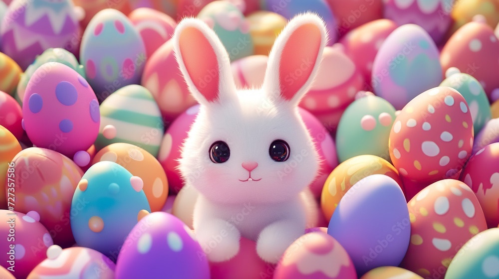Very cute Easter bunny surrounded by vibrant Easter eggs. Illustration of a bunny as the protagonist of a celebration full of sweetness and charm. Very cute Easter bunny surrounded by vibrant Easter eggs. Illustration of a bunny as the protagonist of a celebration full of sweetness and charm.