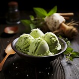 Photo of Delicious Plate of Matcha Green Tea Ice Cream on a Wooden Table