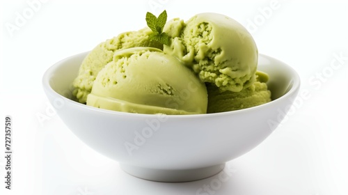 Close-up of a Delicious Plate of Matcha Green Tea Ice Cream on a White Background