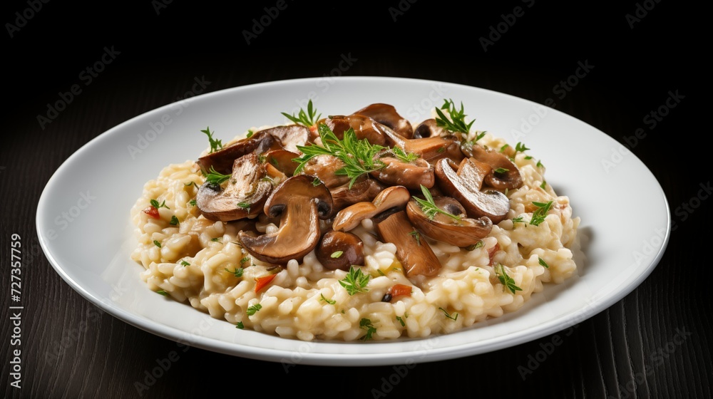 Side View of a Delicious Plate of Italian Mushroom Risotto on a Black Background Side View of a Delicious Plate of Italian Mushroom Risotto on a Black Background