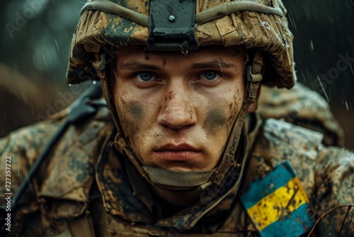 Ukrainian soldier portrait. Soldier of Ukraine realistic detailed photography texture