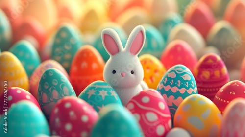 Very cute Easter bunny surrounded by vibrant Easter eggs. Illustration of a bunny as the protagonist of a celebration full of sweetness and charm.