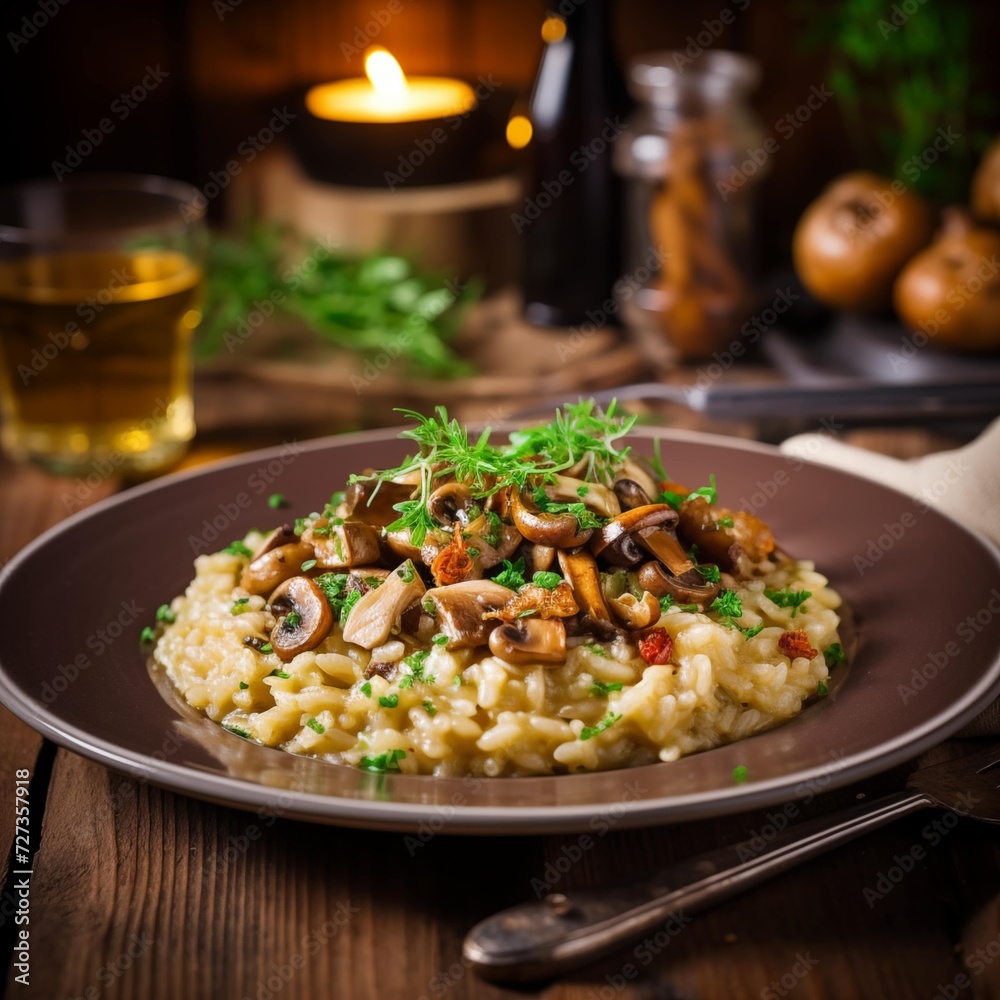 Side View of a Delicious Plate of Mushroom Risotto on a Wooden Table