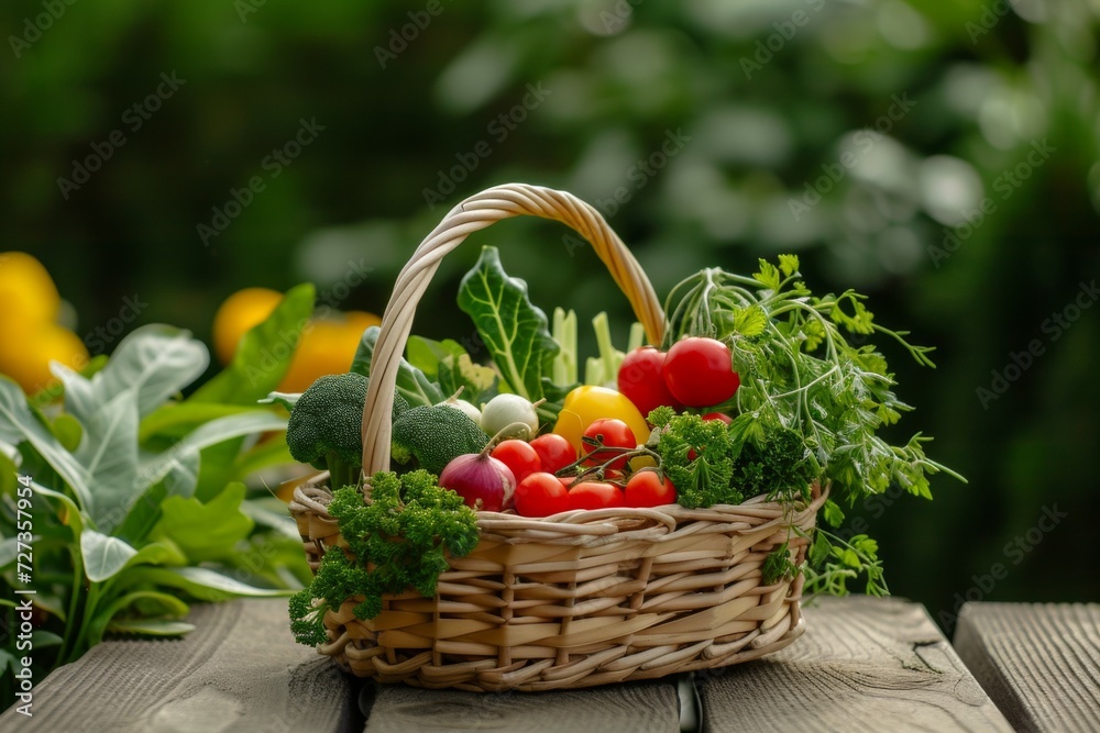 Harvest in a basket. Backdrop with selective focus and copy space Harvest in a basket. Backdrop with selective focus and copy space