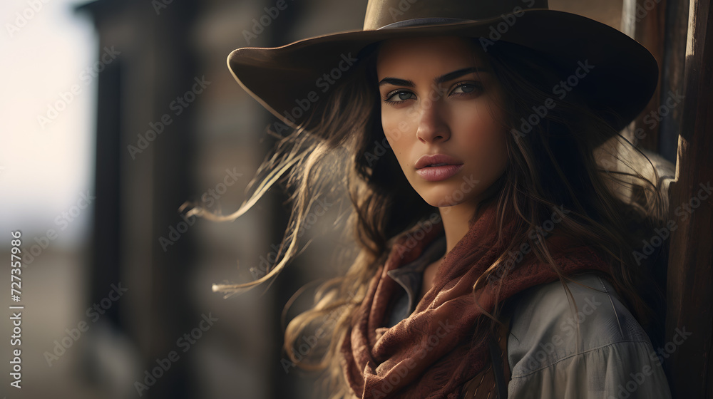 Portrait of a woman in the wild west in a cowboy outfit Portrait of a woman in the wild west in a cowboy outfit