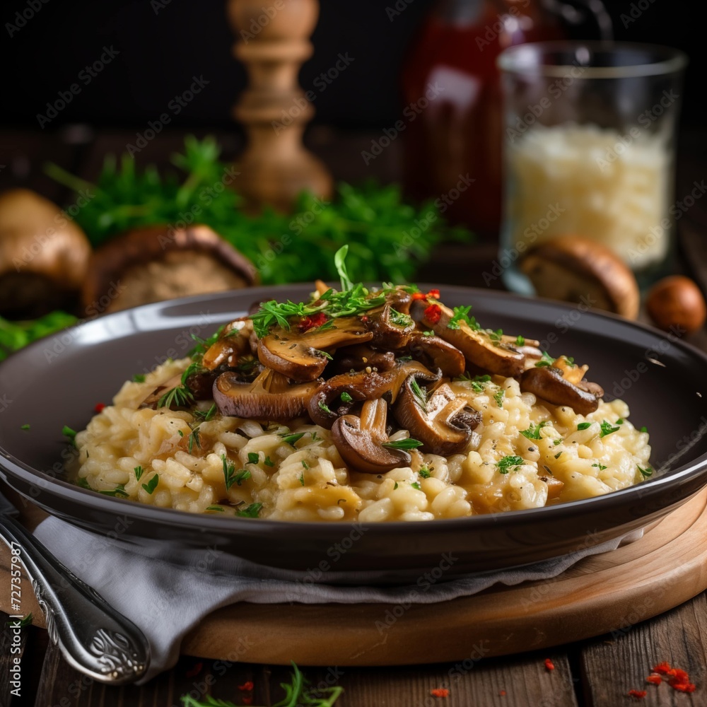 Delicious Plate of Mushroom Risotto on a Wooden Table