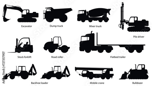 Set of Construction machines. Heavy machinery for Excavator, Dump, truck, Mixer, truck, Pile, driver, Stock, forklift, Road, roller, Flatbed, trailer, Backhoe, loader, Mobile, crane, Bulldozer. Eps 10