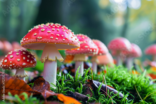 Fly agaric in the forest. Backdrop with selective focus and copy space