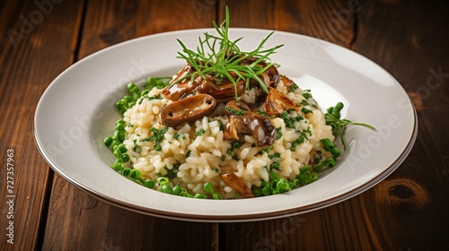 Side View of a Delicious Plate of Mushroom Risotto on a Wooden Table