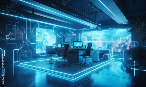 Neon glowing cyber data center office background. Digital 3d blank room with blue furniture and glowing monitors for work and games with windows © Kyryl