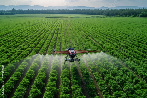 A modern drone irrigates a field on a farm with fertilizer. Backdrop with selective focus and copy space