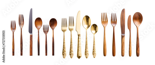 Set of Golden and Wooden Cutlery: Mockup of Fork, Knife, Spoon, Isolated on Transparent Background, PNG