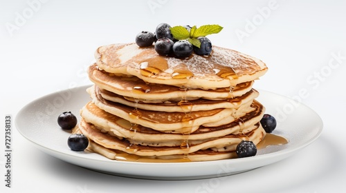 Side View of a Delicious Plate of Pancakes with Blueberriesand Syrup on a White Background