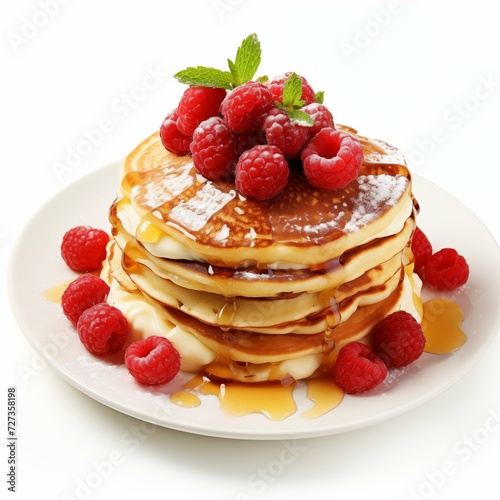 Side View of a Delicious Plate of Pancakes with Raspberries and Syrup on a White Background