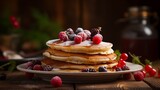 Side View of a Delicious Plate of Pancakes with Berries on a Wooden Table