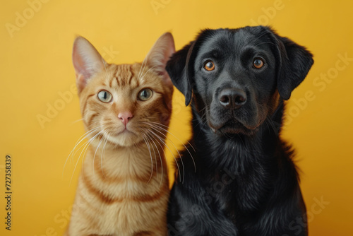 dog and cat on yellow background isolated on grey