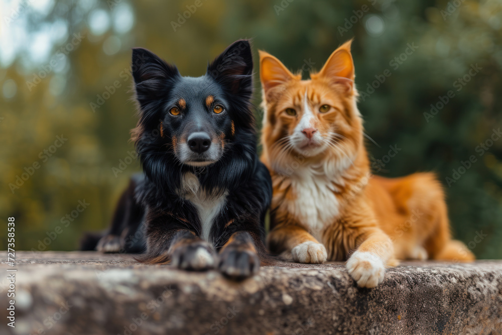 dog and cat on yellow background isolated on grey
