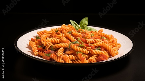 Side view of a delicious plate of pasta with tomato sauce and basil on a black background