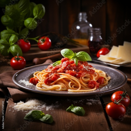 Side view of a delicious plate of pasta with tomato sauce on a wooden table