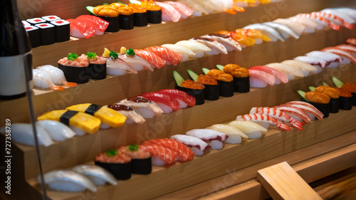 A Japanese display of artificial sushi, skillfully rendered as sampuru in Japan