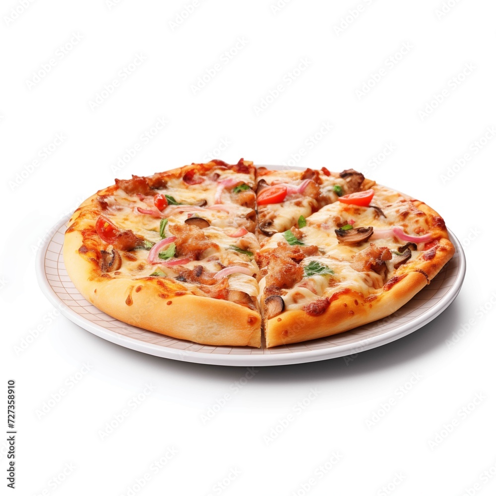 Side view of a delicious Italian pizza on a white background Side view of a delicious Italian pizza on a white background