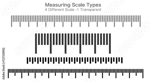 Measuring ruler scale types, set.  Four different ruler, meter, inch. Comparing quantities. Distance, repeatable. Transparent black white ruler, measure baseline. Math, geometry. Vector illustration
