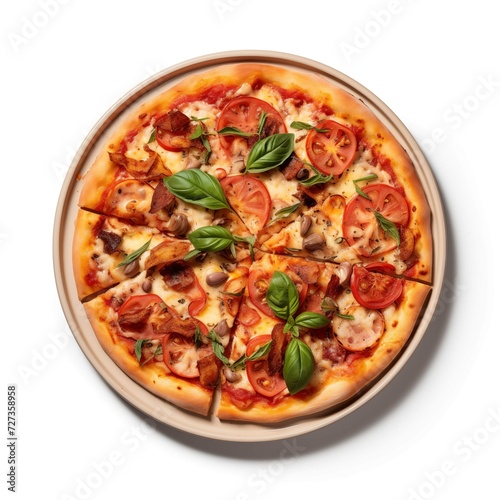 Top view of a delicious Italian pizza on a white background