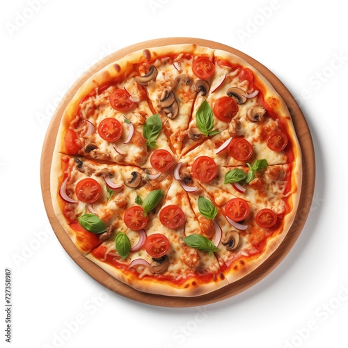 Top view of a delicious pizza on a white background