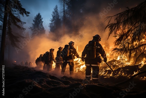 A group of firefighters is extinguishing the flames in the forest, a large-scale forest fire.
