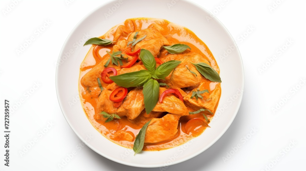 Top view of a delicious plate of red Thai curry on a white background