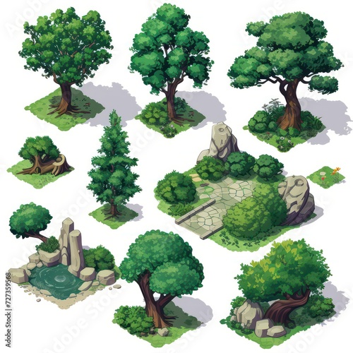 Mobile game environment asset: a set of low-poly trees in isometric view. photo
