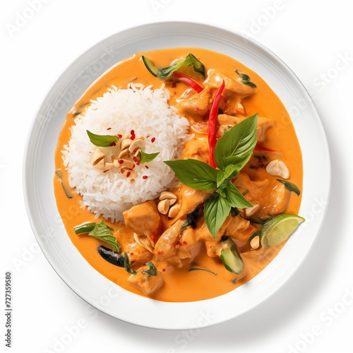 Delicious plate of red Thai curry with rice on a white background