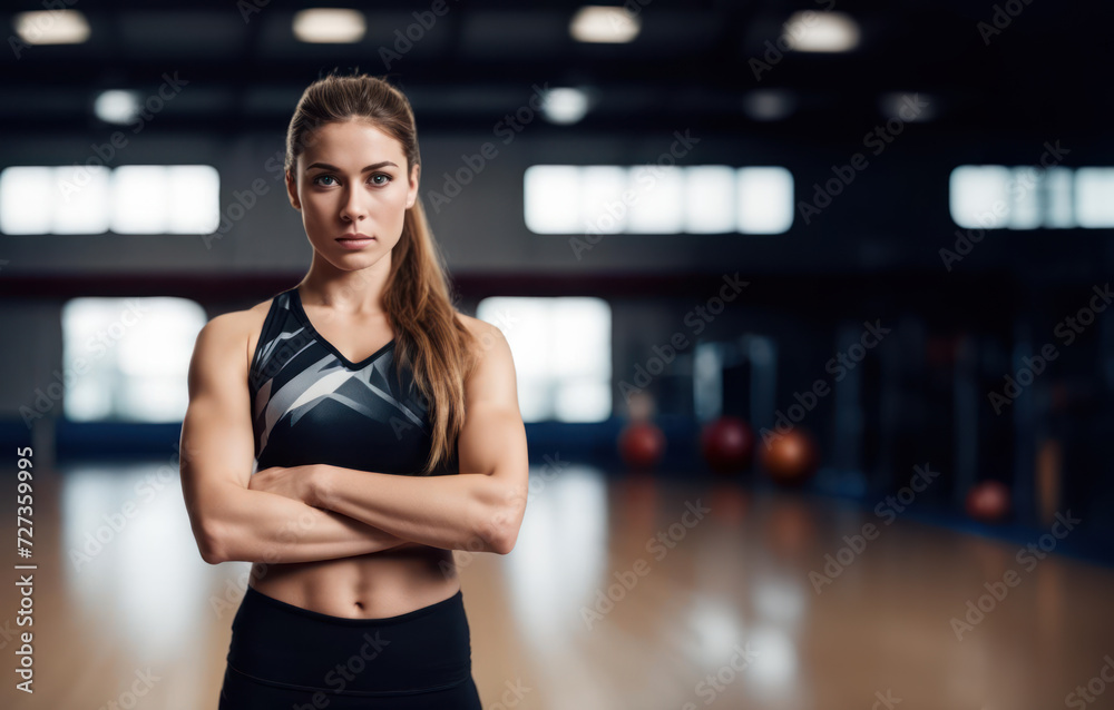 Portrait of a female trainer in the gym. Low key portrait.