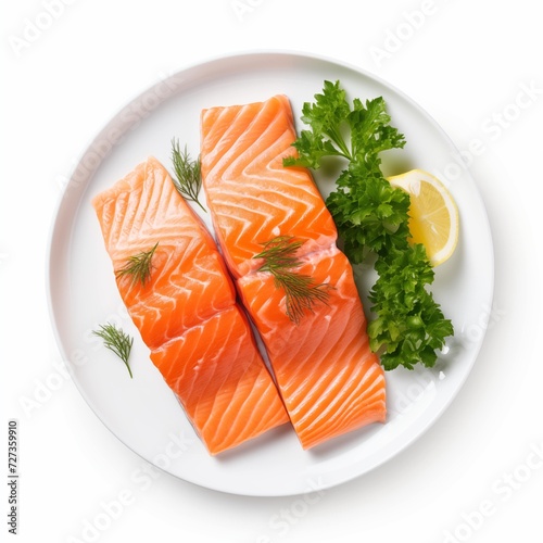 Photo of a delicious plate of salmon on a white background