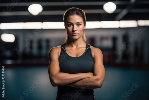 Portrait of a female trainer in the gym. Low key portrait.