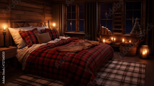 Incorporate plaid or buffalo check bedding, warm-toned lighting, and faux fur details for a cozy and comfortable cabin atmospherear