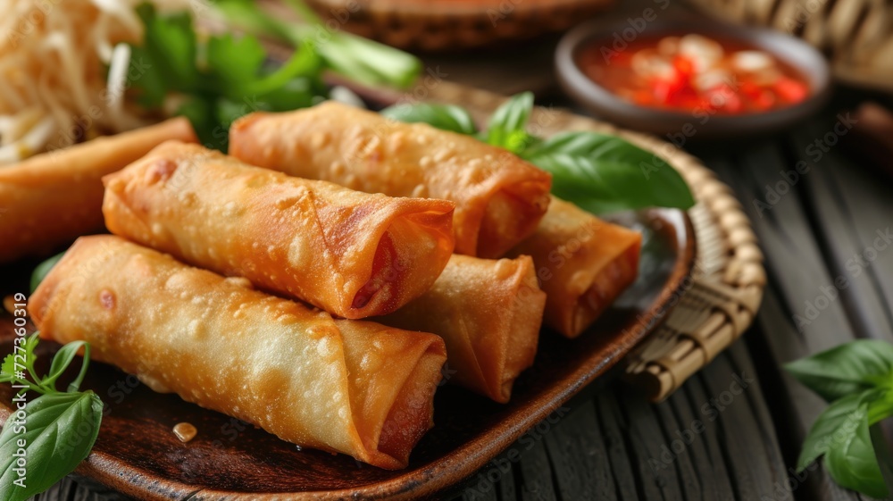 Delicious golden spring rolls on a plate with herbs and dipping sauce Delicious golden spring rolls on a plate with herbs and dipping sauce