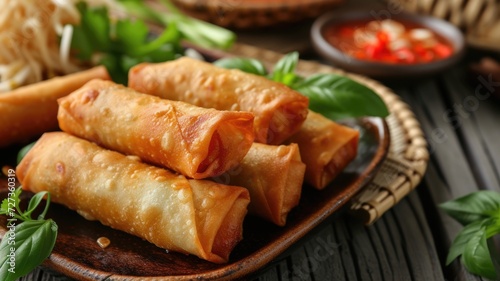 Delicious golden spring rolls on a plate with herbs and dipping sauce