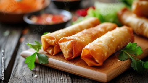 Delicious golden spring rolls on a plate with herbs and dipping sauce