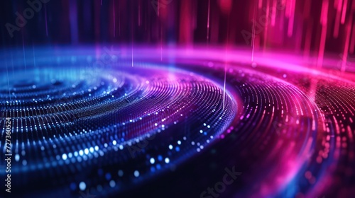 Vibrant neon wave lights on a circular soundwave background, futuristic RGB wallpaper.
 photo