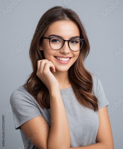Young woman holding glasses that she is wearing, smiling,